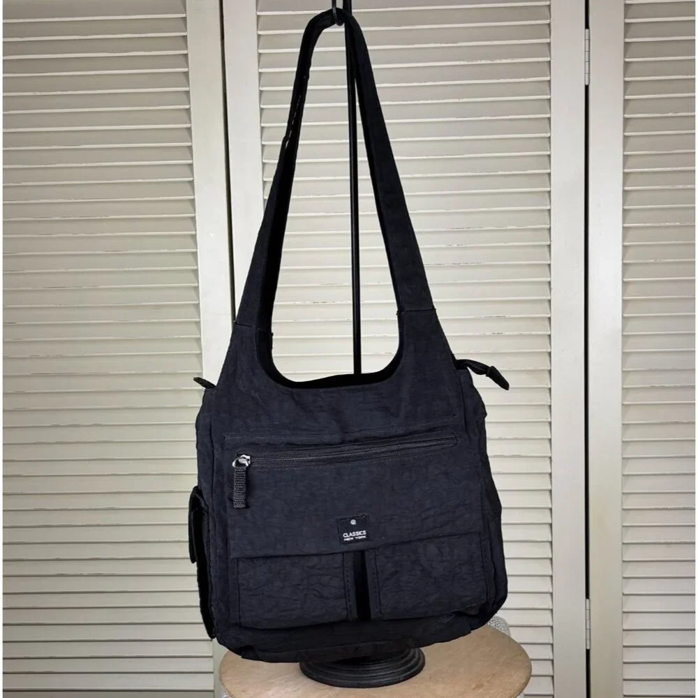 Classics New York Y2K Black Nylon Utility Hobo Shoulder‎ Bag Multi Pocket Purse
